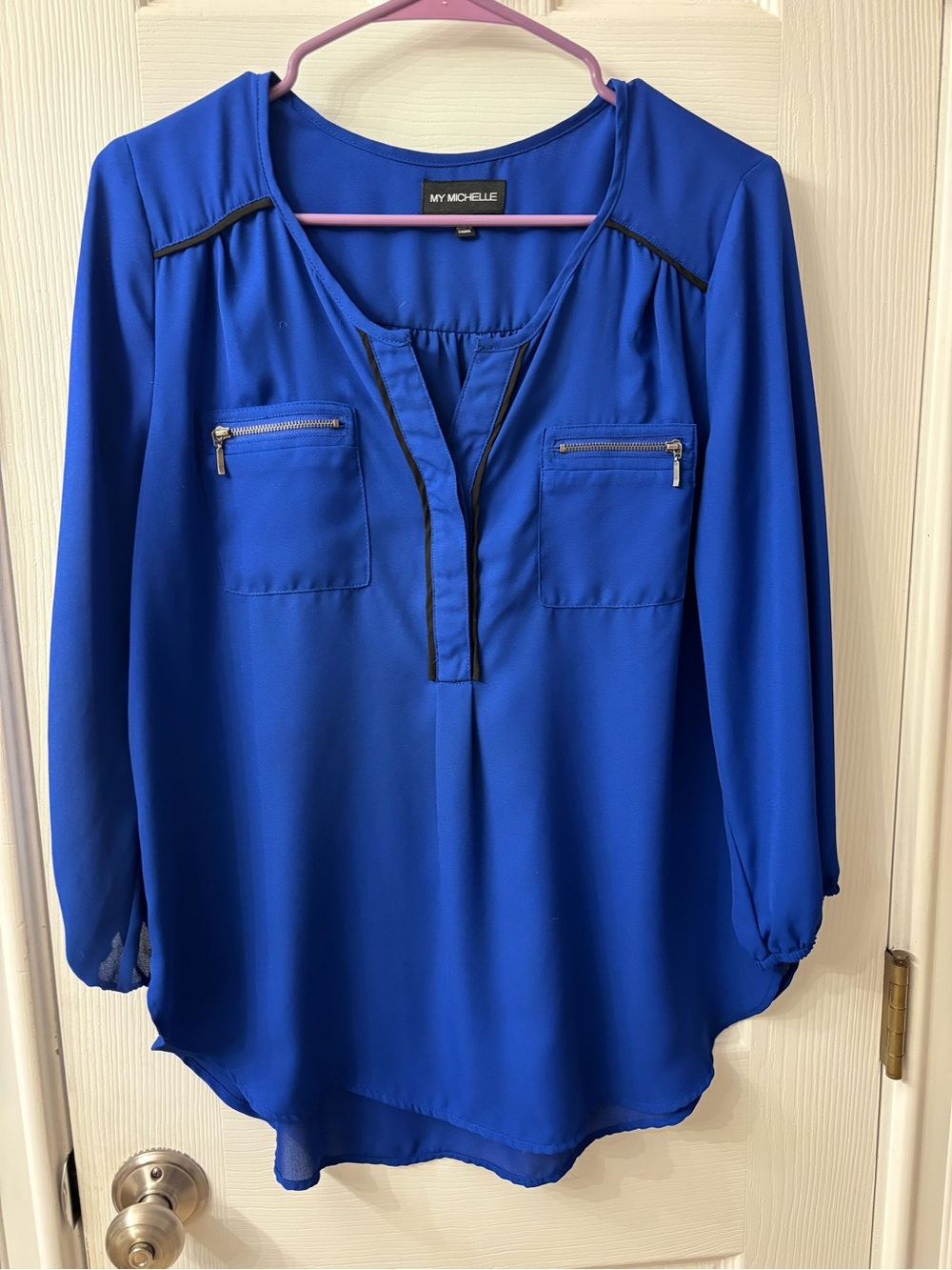 My Michelle Cobalt Blue Zip-Pocket Blouse